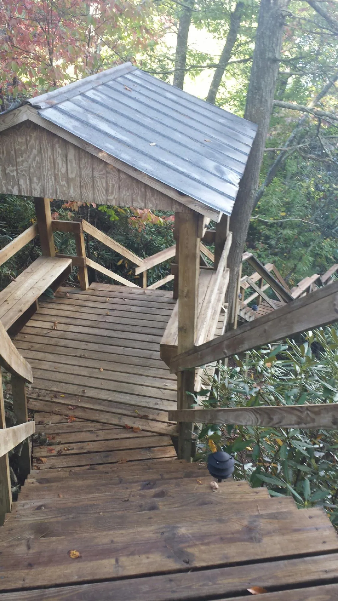 Metal roofed shelter over wooden steps on a wooded walkway — Skylight Repair & Installation work by our crew in Sabin